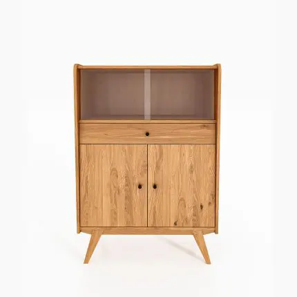 RETRO vitrineskap i massivt tre med glass øverst, en praktisk skuff og to tredører nederst.