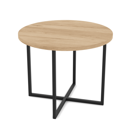 Rundt sofabord med lys trebordplate og svart kryssstativ i metall – minimalistisk og lett design.
