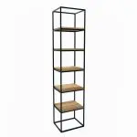 Smal og høy reol i svart metall med seks åpne hyller i trelook – modell TOWER
