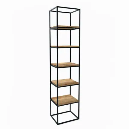 Smal og høy reol i svart metall med seks åpne hyller i trelook – modell TOWER