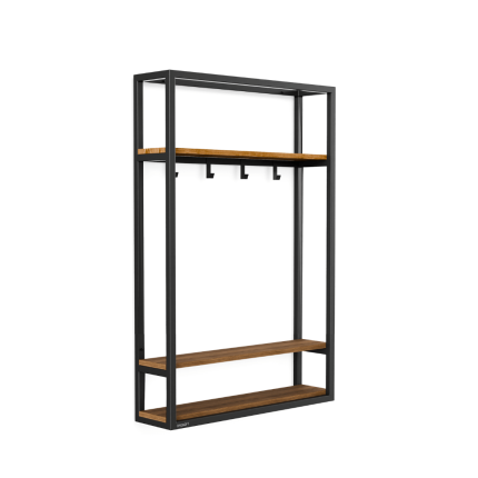 Entremøbel DUERO i svart stål med tre trelook-hyller og fem knagger – industrielt og funksjonelt design til entréen