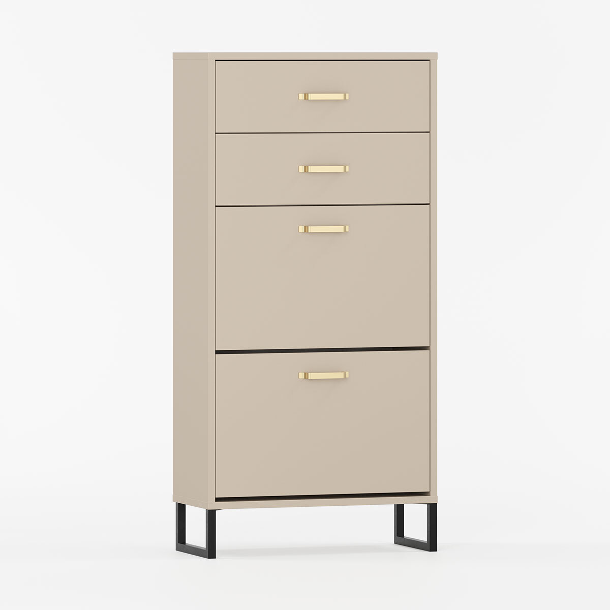 Moderne skoskap med fem dører og metallben.