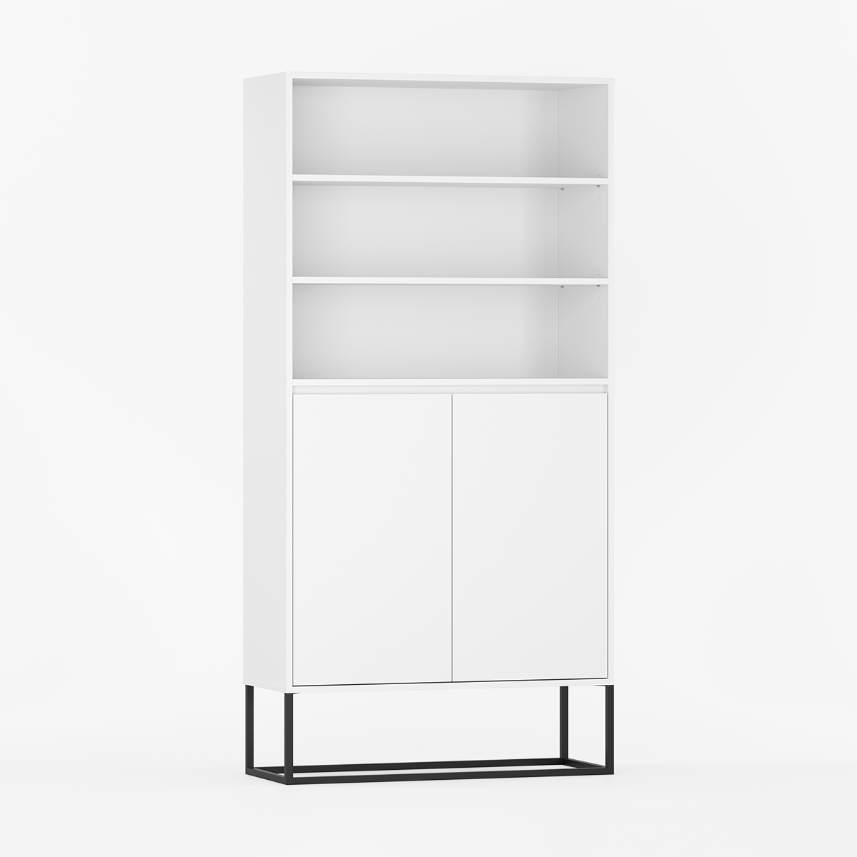 Reol med både åpne hyller og skjulte skap.