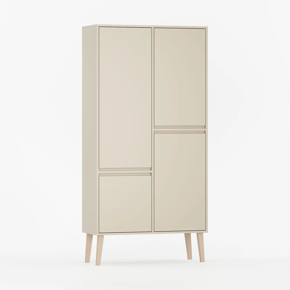 Elegant garderobeskap med fire dører og ben.