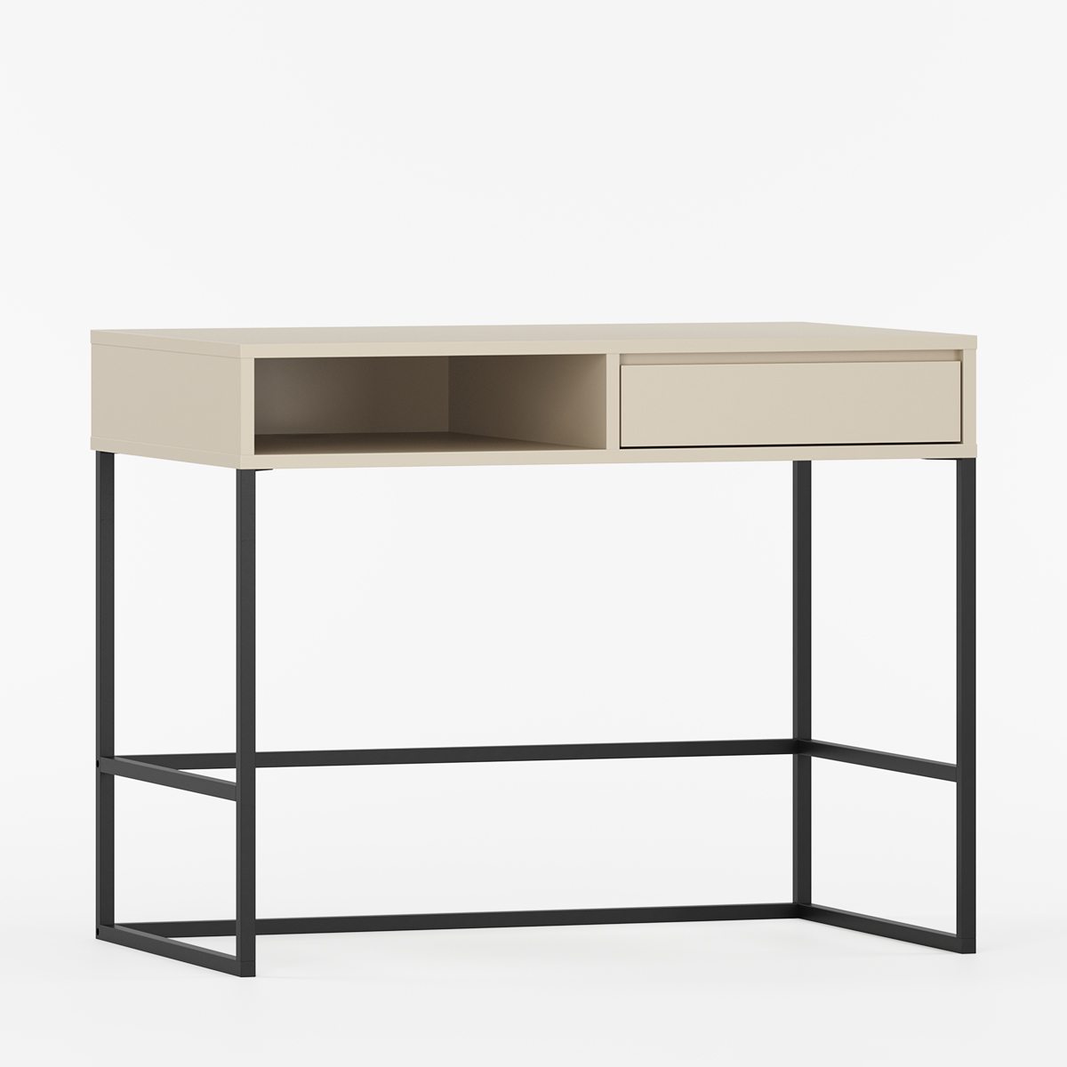 Skrivebord med skuff og åpent oppbevaringsrom.