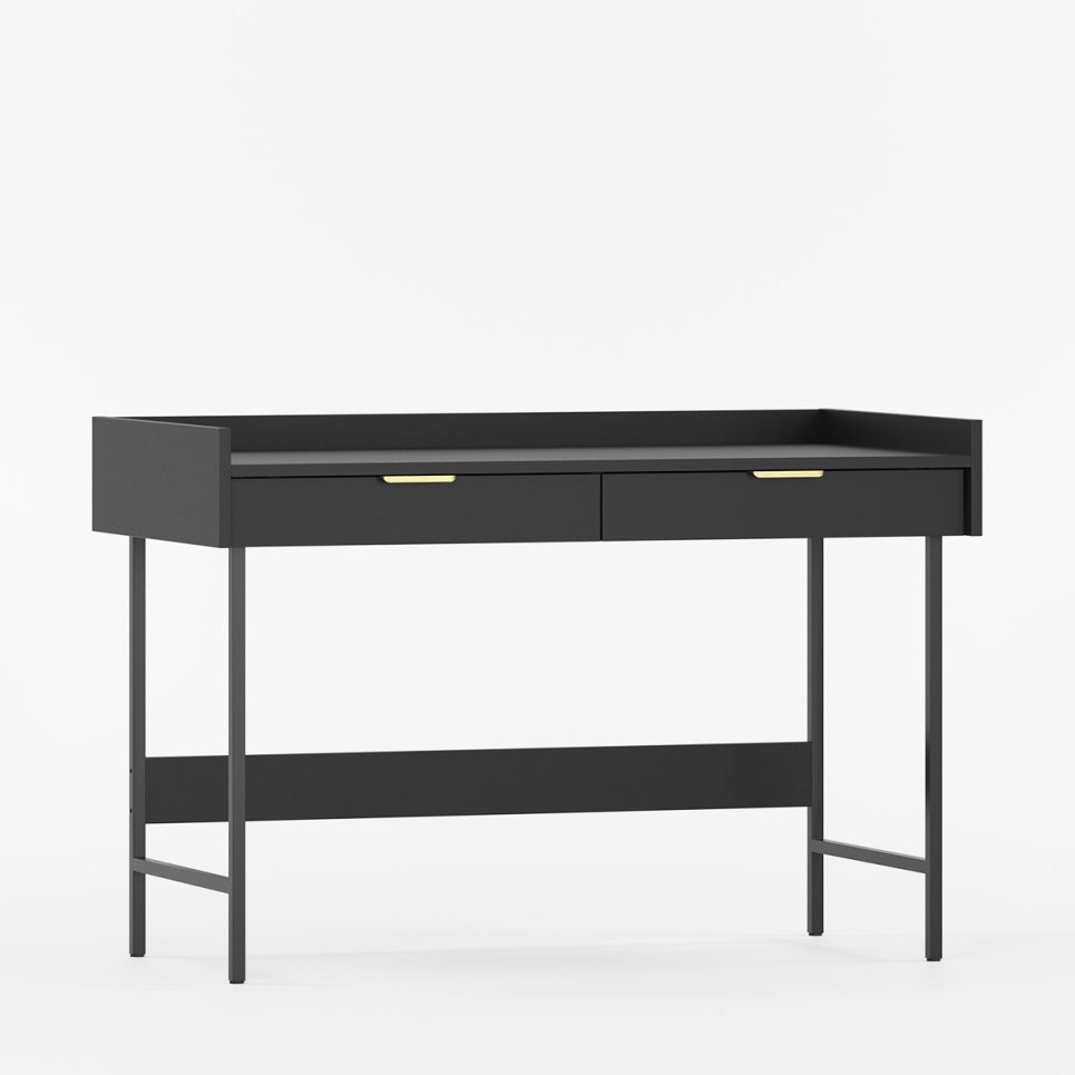 Elegant skrivebord med to skuffer og en kant.