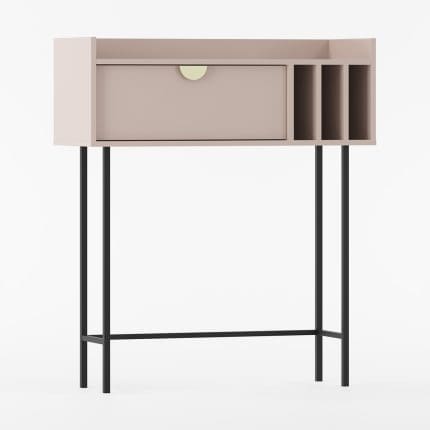 Konsoll SIGI i cappuccino med én skuff, tre loddrette rom, gyldent håndtak og svarte metalben.