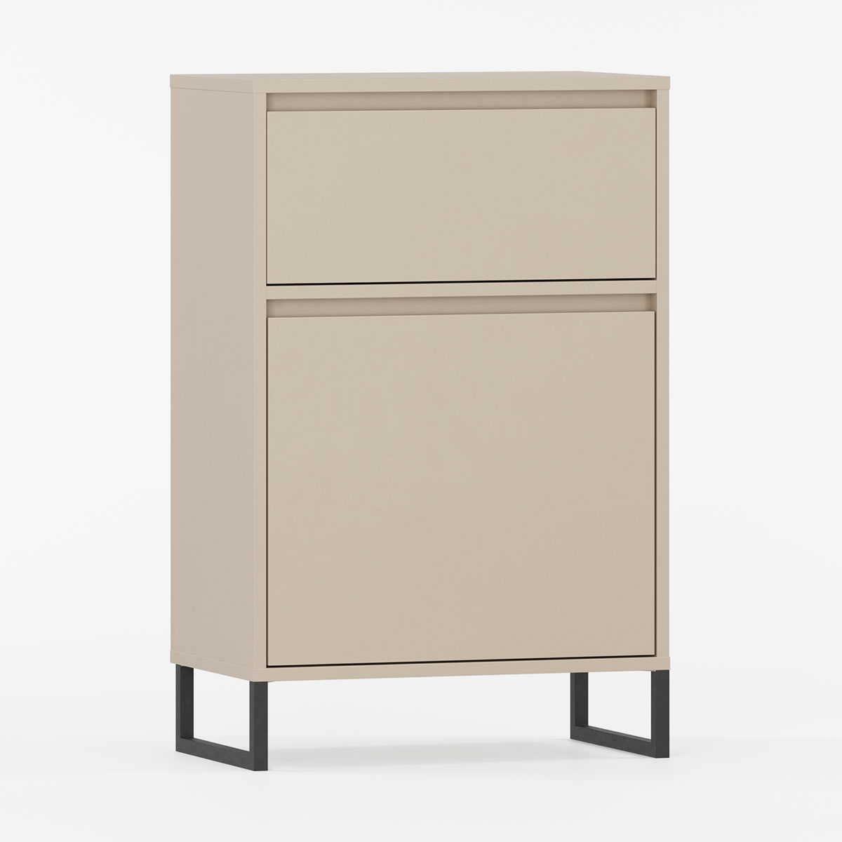 Skap med en dør og en skuff samt slanke metallben.