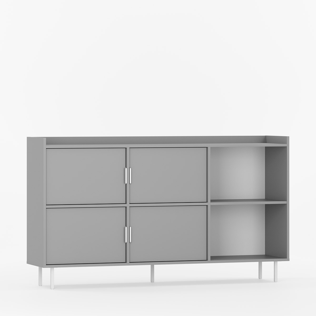 Skjenk SIGI i musegrå med fire dører, to åpne rom, hvite ben og sølvfargede håndtak.