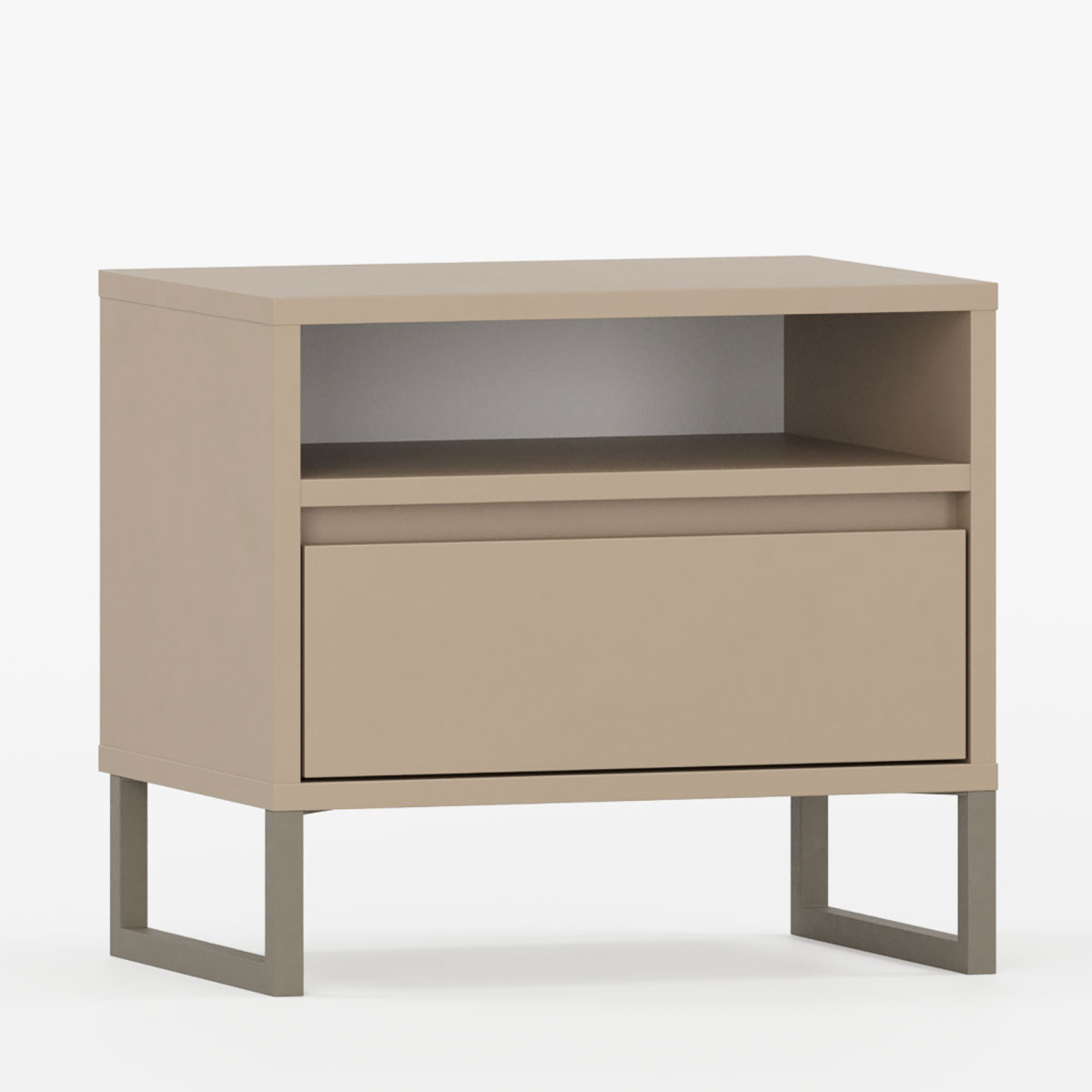 Moderne nattbord med én skuff og en åpen hylle.