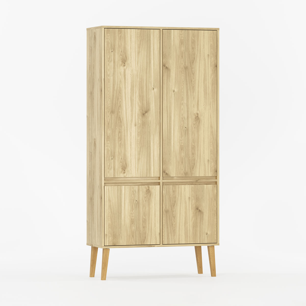 Elegant garderobeskap med fire dører og ben.