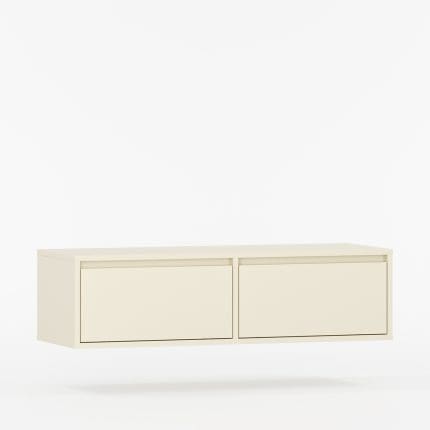 Vegghengt TV-bord UBBE i lys farge med to like dører – enkel og funksjonell oppbevaringsløsning i minimalistisk design.