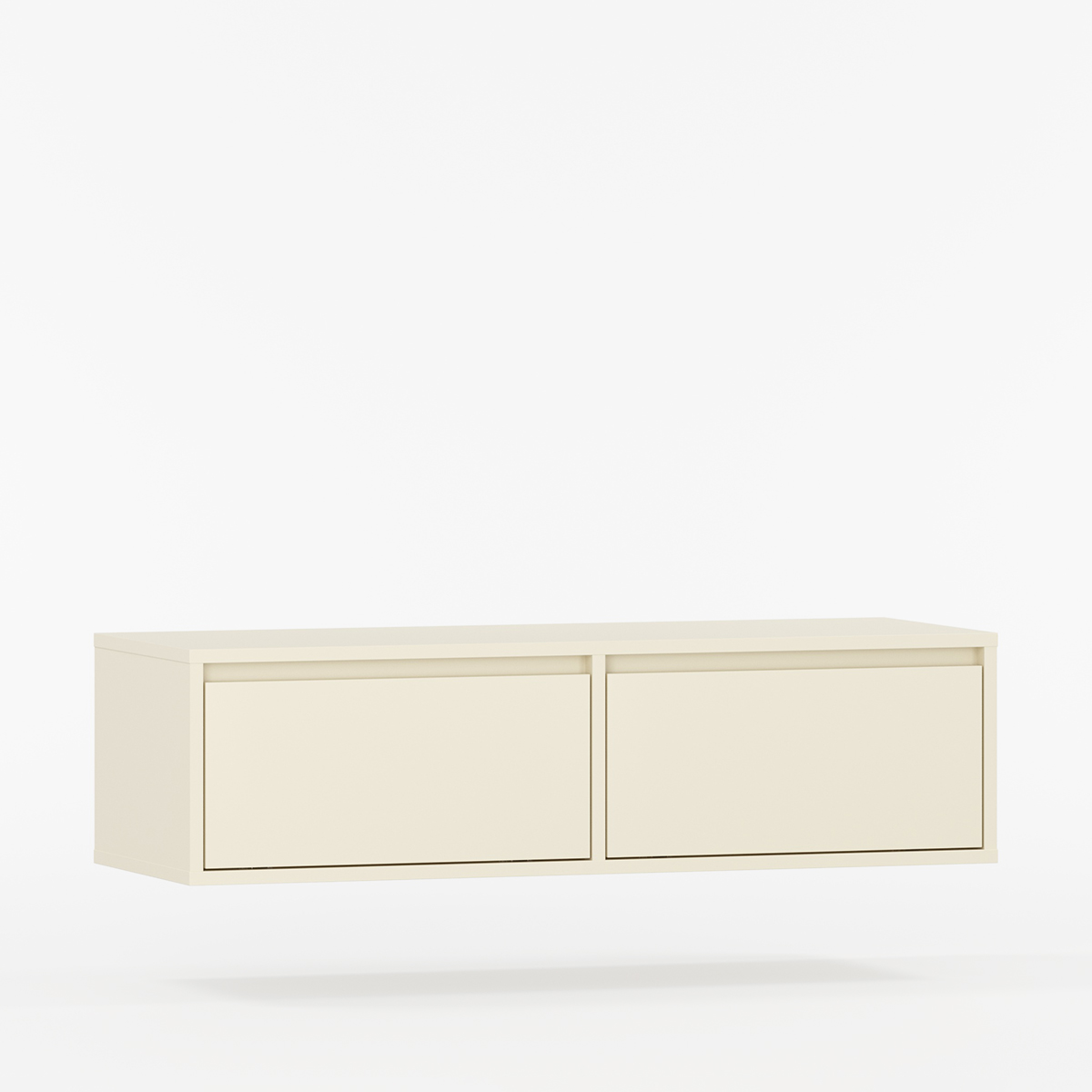 Vegghengt TV-bord UBBE i lys farge med to like dører – enkel og funksjonell oppbevaringsløsning i minimalistisk design.