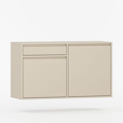 Beige vegghengt skjenk UBBE med én skuff og to dører – enkel og kompakt oppbevaring i moderne design.