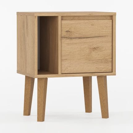 Minimalistisk nattbord med én dør og en åpen hylle.