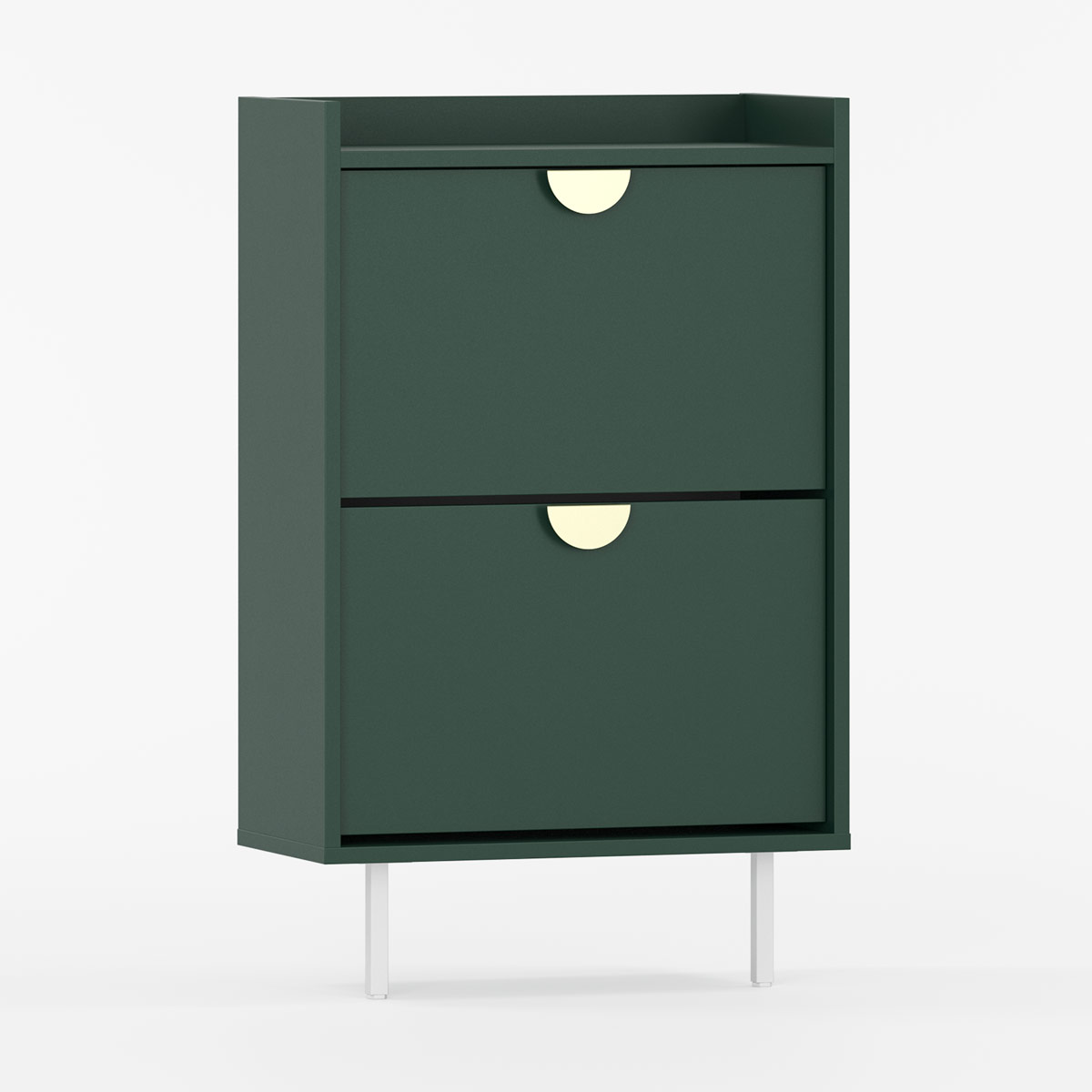 Skreddersydd smalt skoskap med to dører og hvite ben.