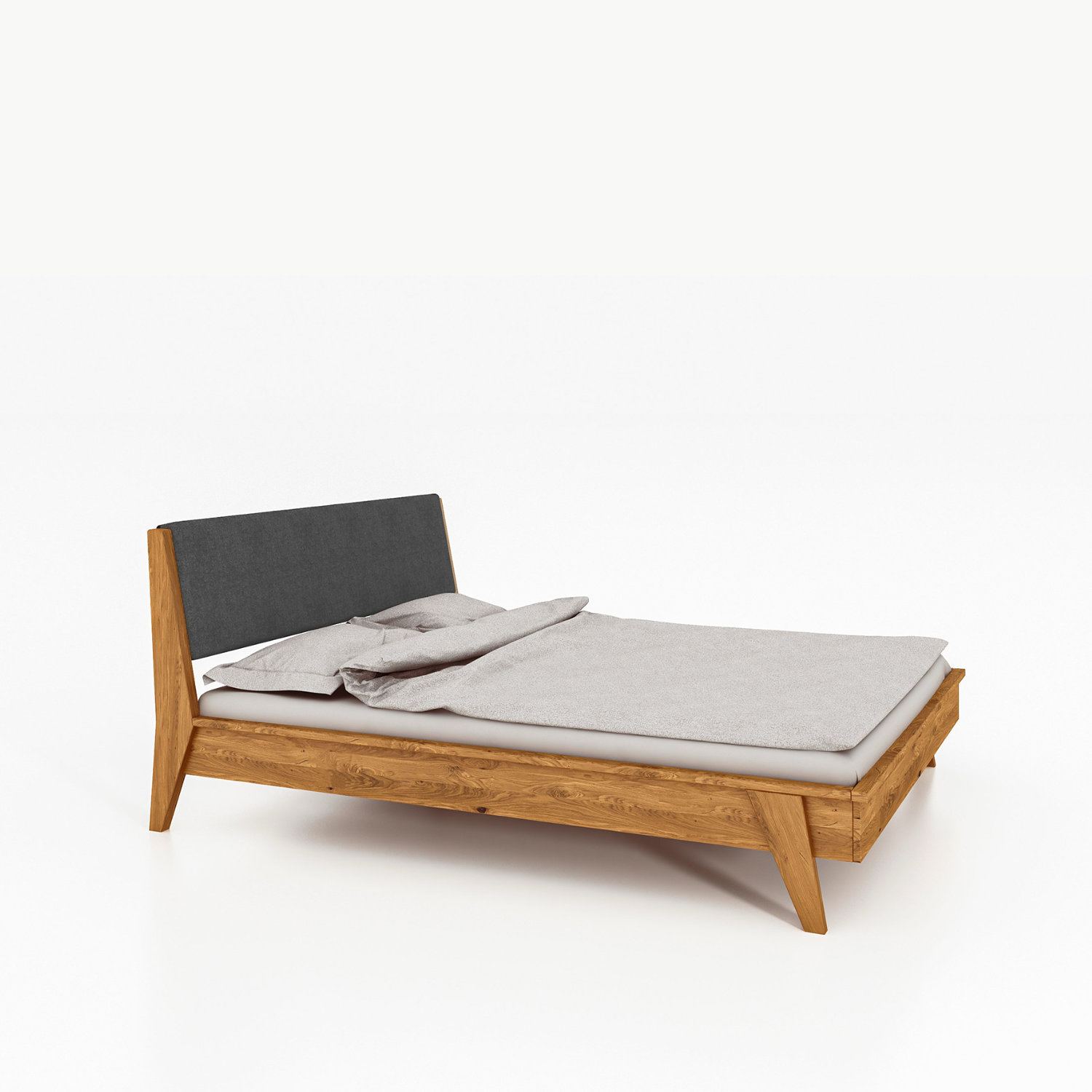 RETRO seng i massivt tre med mørk polstret gavl og skråstilte ben – tidløs og komfortabel.