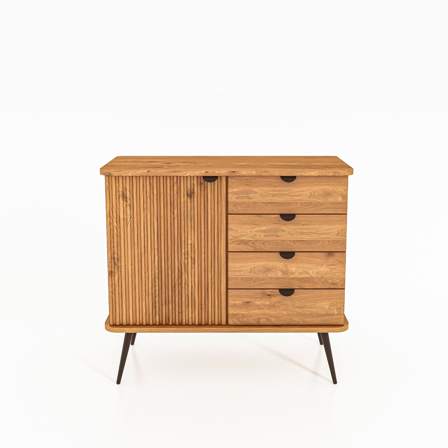 Skjenk KULA i oljet tre med fire skuffer på høyre side og én riflet dør til venstre – stående på svarte metalben.