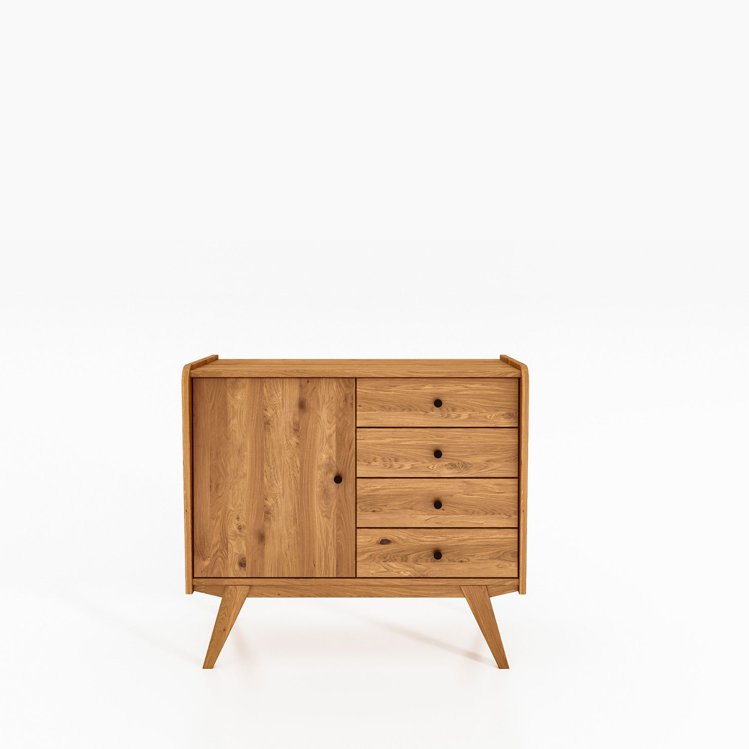 RETRO skjenk i massivt tre med én dør og fire skuffer – skråstilte ben og harmonisk design.
