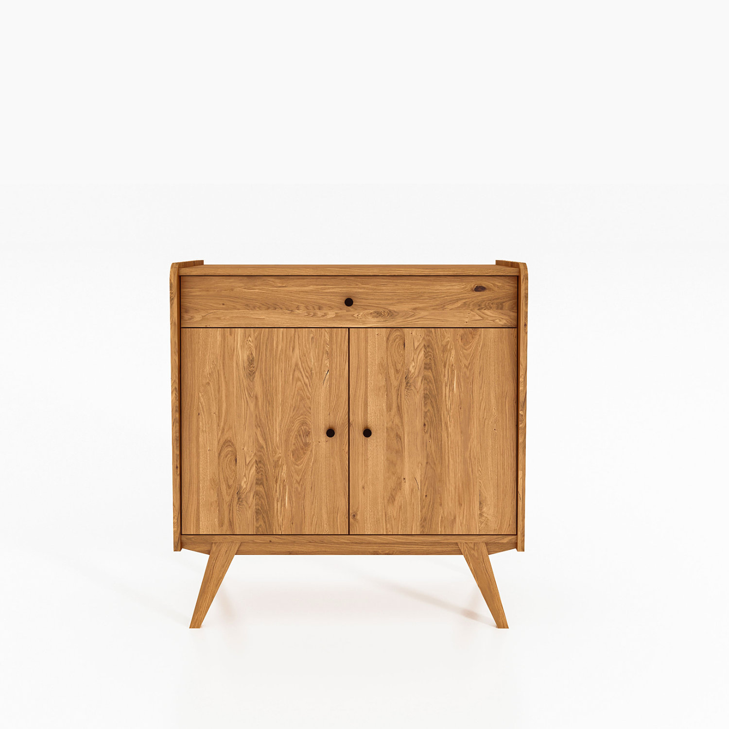 RETRO skjenk i oljet tre med én bred skuff og to dører – skråstilte ben og harmonisk design.