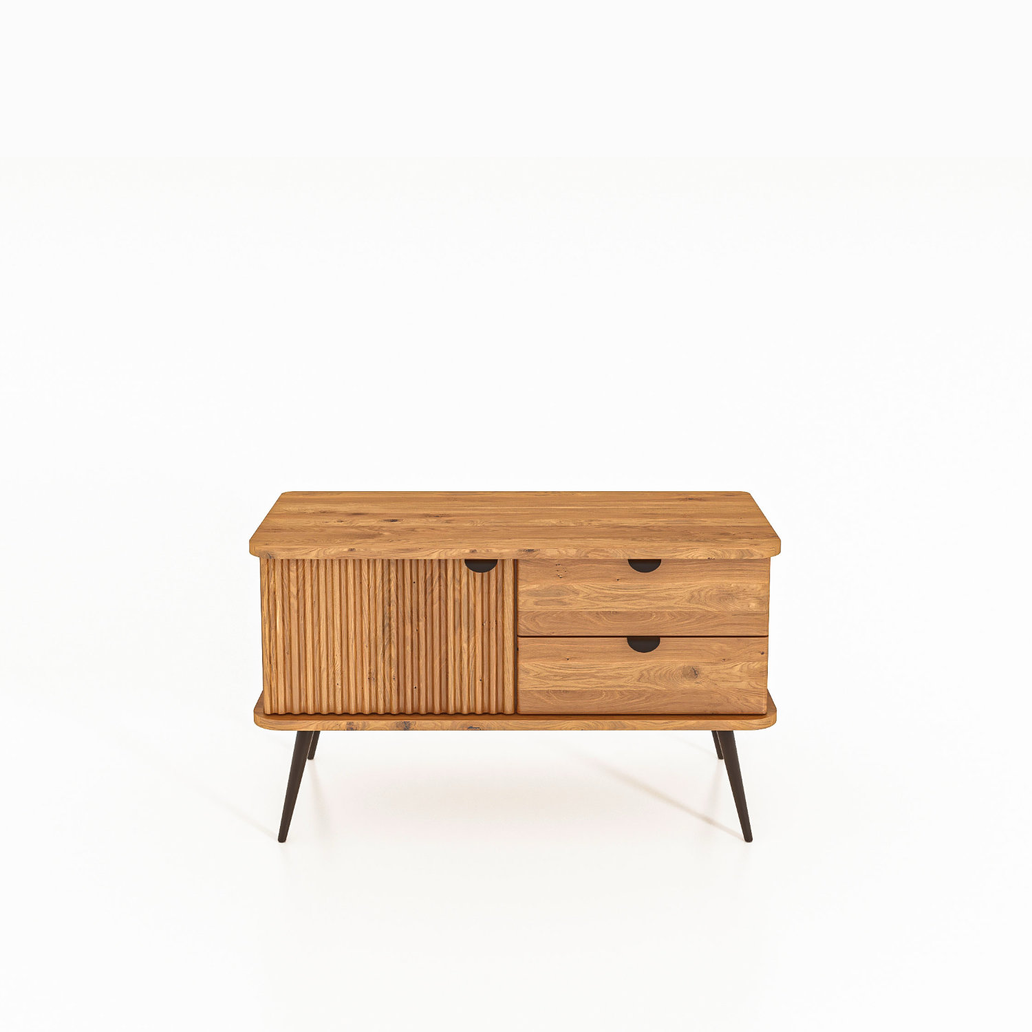 TV-benk KULA i oljet tre med én loddrett riflet dør og tre skuffer – på svarte metalben.