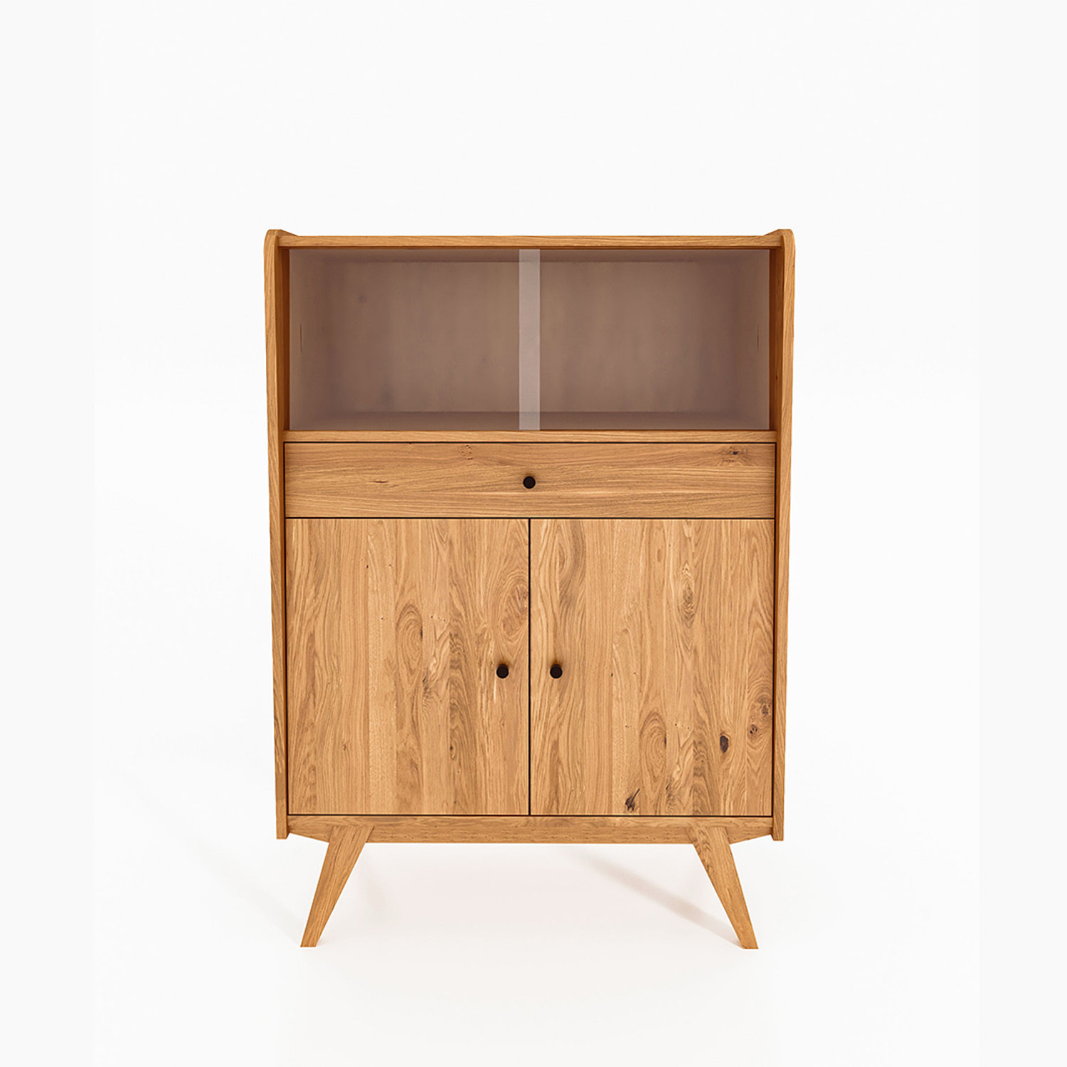 RETRO vitrineskap i massivt tre med glass øverst, en praktisk skuff og to tredører nederst.