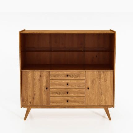 Stort RETRO vitrineskap i oljet tre med åpent øvre rom, fire skuffer i midten og to dører på sidene. Designet av Windes | Lines.