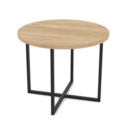 Rundt sofabord med lys trebordplate og svart kryssstativ i metall – minimalistisk og lett design.