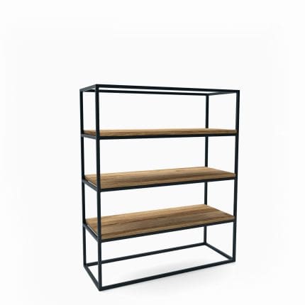 Kompakt åpen reol med tre trehyller og svart metallramme – modell NEWTOWN MINI