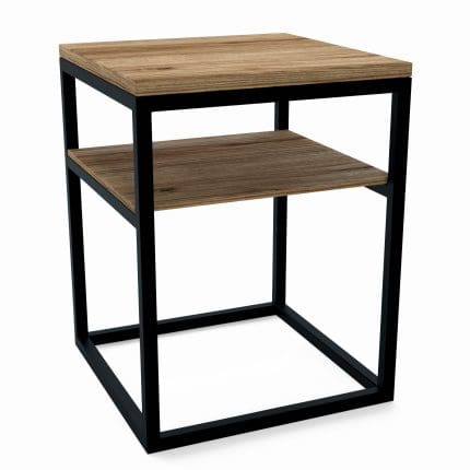 COLTON sidebord med åpen hylle og svart stativ – kvadratisk design med oppbevaringsmuligheter og rå eleganse.