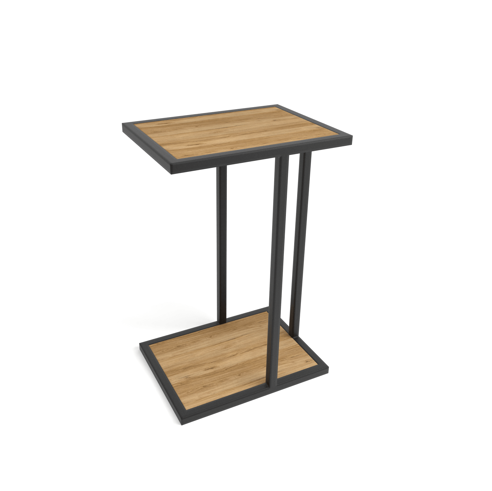 Sidebord DECKER i svart metall med to trelook-plater – minimalistisk design med bunnhylle